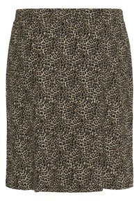 Jupe à imprimé léopard avec taille ajustée, longueur au genou, texture de tissu douce et motif intégral en couleurs beige et noir.