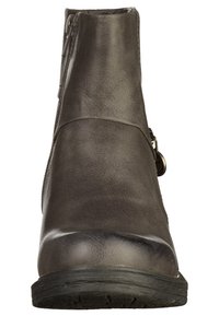 Bottine en cuir brun foncé avec bout arrondi, fermeture éclair latérale et semelle texturée noire, vue de face.