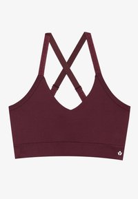 Bordoo spordibrasi sügava V-kaeluse disainiga, ristuvad rihmad ja sile, veniv tekstuur. Küljel on peen logo.