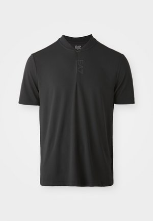 Black short-sleeve polo shirt made of smooth fabric, featuring a stand-up collar and a partial zipper, with a subtle logo on the chest.