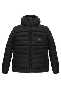 Giacca a vento nera con cappuccio, design trapuntato orizzontale, chiusura con zip, tasca sul petto sinistro con automatico e dettaglio del logo del marchio.
