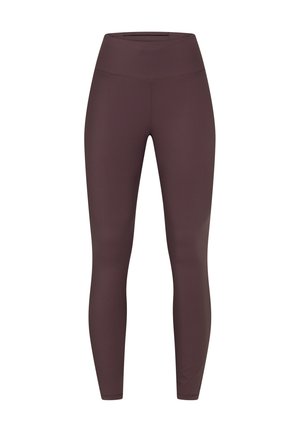 Hooggewaisted leggings in een donkere pruimkleur, gemaakt van gladde, rekbare stof met platte naden en een eenvoudig, gestroomlijnd ontwerp.