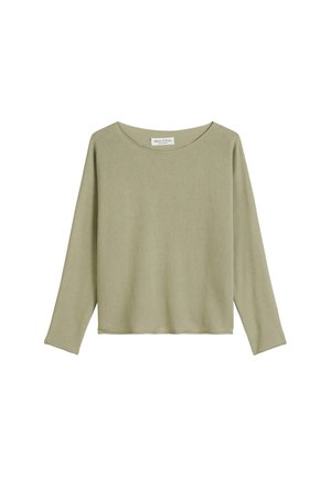 Light green long-sleeve top with a wide round neckline. Soft, textured fabric with a loose fit and dropped shoulders.