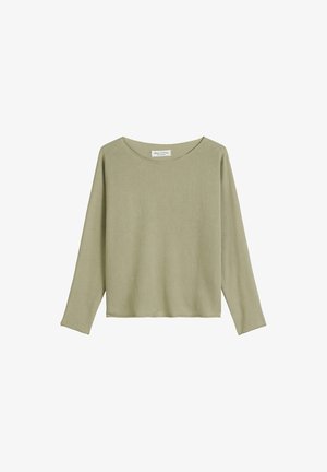 Hellgrünes Langarmoberteil mit weitem, rundem Ausschnitt. Weicher, strukturierter Stoff mit lockerer Passform und überschnittenen Schultern.
