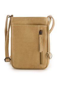 Sac bandoulière en cuir tan avec une poche zippée sur le devant, une sangle réglable et une texture lisse. Présente des détails de couture et des accents en métal.