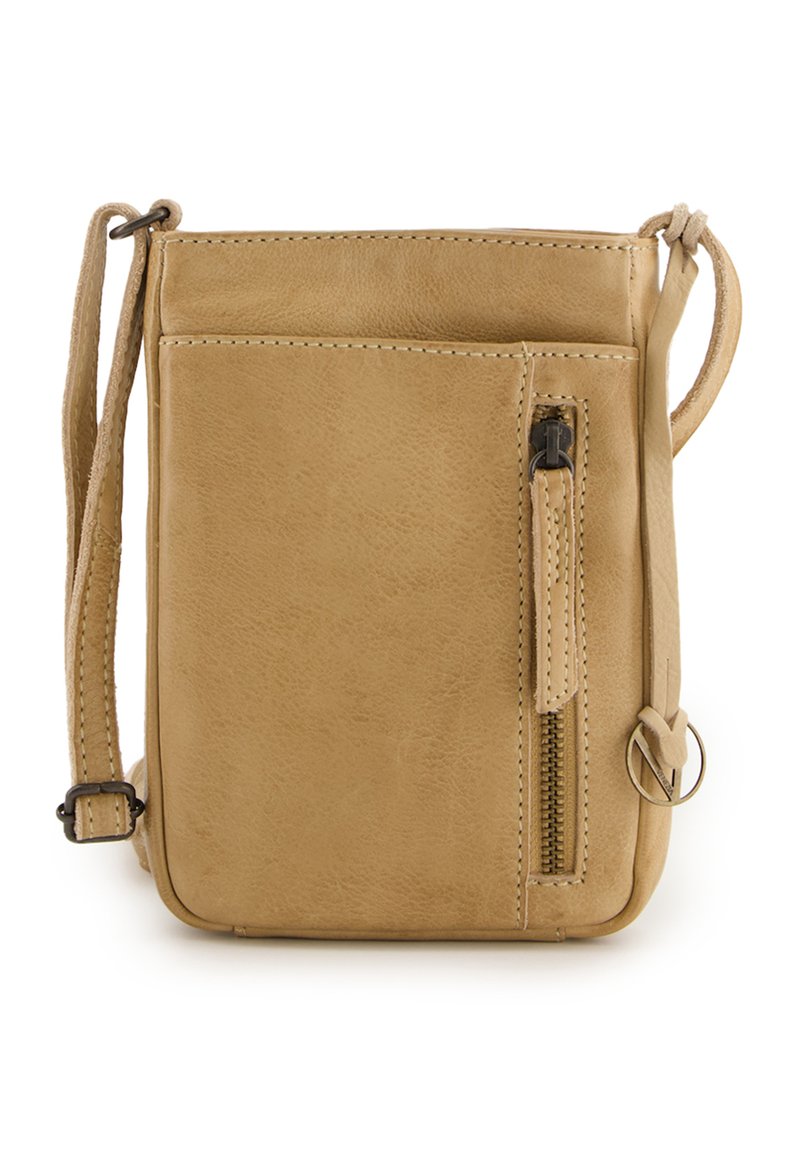 Sac bandoulière en cuir tan avec une poche zippée sur le devant, une sangle réglable et une texture lisse. Présente des détails de couture et des accents en métal.