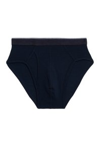 Slip in cotone blu navy con una cintura scura a contrasto e rifiniture grigie chiare, caratterizzati da un taglio classico e dettagli cuciti.