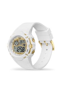 Montre numérique blanche avec un cadran rond, des accents dorés et des boutons. Les caractéristiques incluent un affichage de la date et une résistance à l'eau jusqu'à 100 mètres.