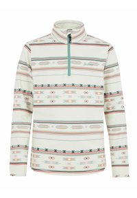 Cream gekleurde fleece pullover met een kwartrits en geometrische patronen in rood, groen en blauw. Zachte textuur, lange mouwen en een standaard pasvorm.