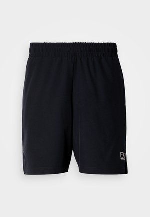 Sorte atletiske shorts med elastisk midjebånd, lett stoff, to sidelommer og en liten logo på nedre høyre side.