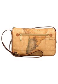 Borsa a tracolla rettangolare color talpa con un design a mappa, caratterizzata da una cerniera dorata, dettagli in pelle marrone e una tracolla regolabile.