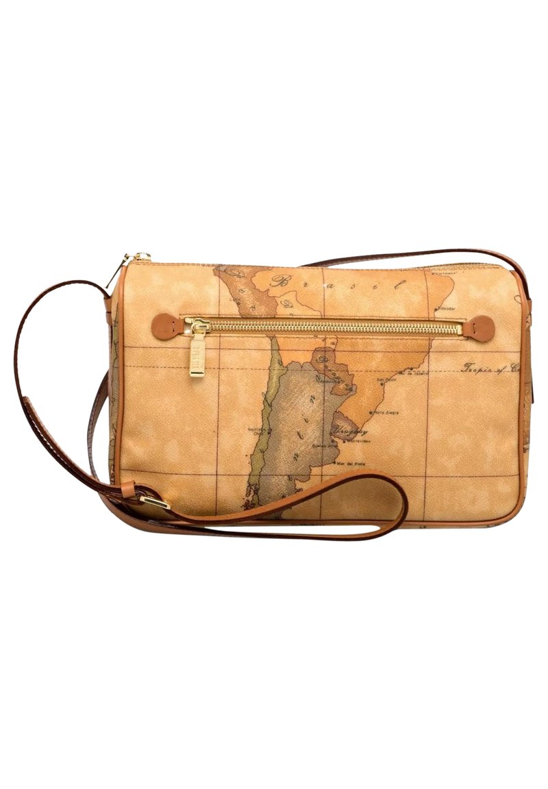 Borsa a tracolla rettangolare color talpa con un design a mappa, caratterizzata da una cerniera dorata, dettagli in pelle marrone e una tracolla regolabile.