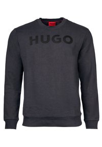 Donkergrijze crewneck sweatshirt met zwart "HUGO" logo, ribbelmanchetten en -zoom. Gemaakt van zachte, gestructureerde stof. Eenvoudig ontwerp.