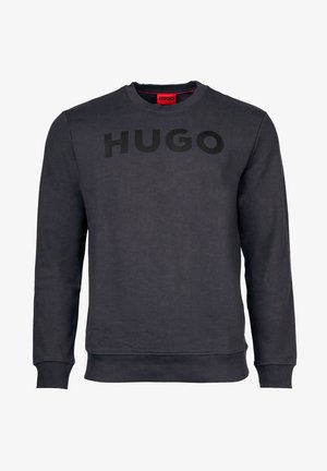 Sudadera de cuello redondo en gris oscuro con el logo negro "HUGO", puños y dobladillo acanalados. Fabricada con un tejido suave y texturizado. Diseño simple.