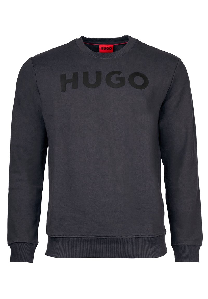 Donkergrijze crewneck sweatshirt met zwart "HUGO" logo, ribbelmanchetten en -zoom. Gemaakt van zachte, gestructureerde stof. Eenvoudig ontwerp.
