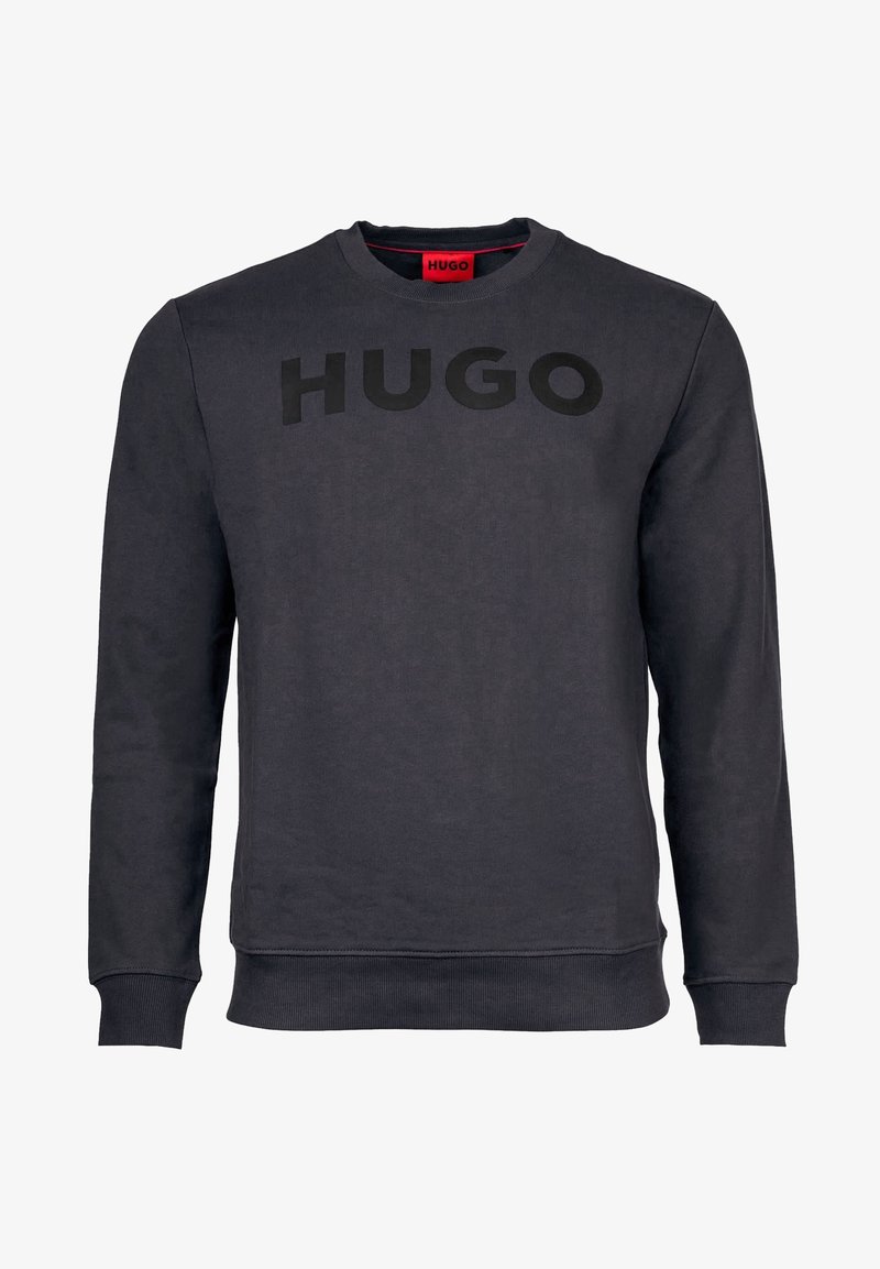 Donkergrijze crewneck sweatshirt met zwart "HUGO" logo, ribbelmanchetten en -zoom. Gemaakt van zachte, gestructureerde stof. Eenvoudig ontwerp.