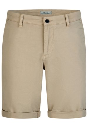 Beige knielange Shorts mit aufgerollten Saumabschlüssen, Knopfverschluss, Gürtelschlaufen und vorderlichem Reißverschluss, aus glattem Stoff.