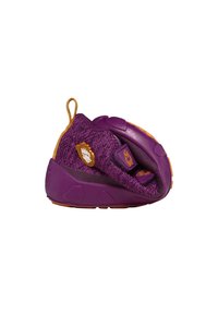 Paarse kinderschoenen met een gestructureerde bovenkant, oranje accenten, klittenbandstraps en een dikke rubberen zool voor duurzaamheid en grip.