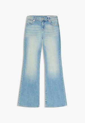 Light blue high-waist flared jeans with front and back pockets, button and zipper closure, and faded wash detail on the thighs.