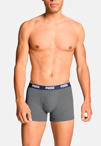 Boxers ajustados para hombre de Puma en algodón gris, con un diseño ceñido y una cinturilla elástica en color marino que presenta el logo. Textura suave, longitud hasta el muslo.