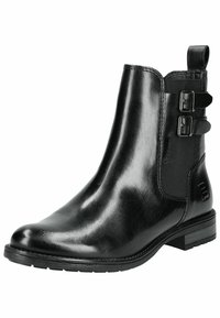 Botas de cuero negro hasta el tobillo con paneles laterales elásticos y acentos de doble hebilla. Presentan una punta redondeada y un tacón bajo apilado. Textura suave.