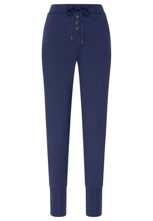 Pantaloni jogger navy realizzati in tessuto morbido, con vita regolabile tramite laccetto, chiusura con bottone e polsini aderenti alla caviglia.
