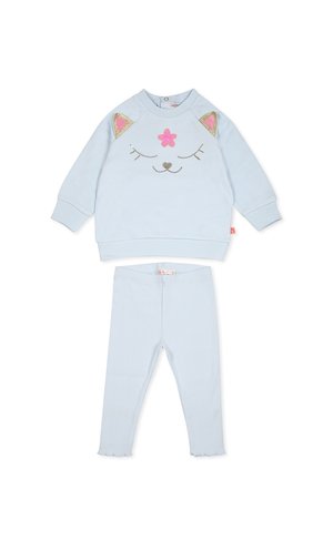 Lichtblauwe katoenen outfit met een top met een kattengezicht ontwerp, glinsterende accenten en bijpassende geribbelde leggings met rafelige boorden.
