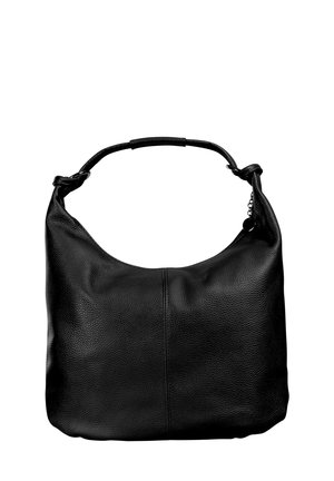 Sac à bandoulière en cuir noir avec finition texturée, anse unique et détail de couture subtil au centre avant.
