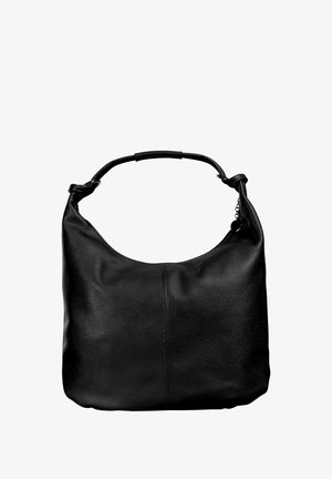 Zwarte leren schoudertas met een gestructureerde afwerking, een enkele handgreep en subtiel stiksel detail middenvoor.