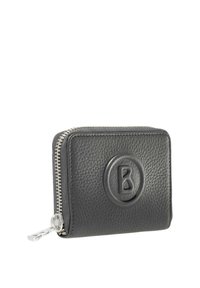 Svart läderplånbok med texturerad yta, dragkedja och präglad logotyp på framsidan. Har silverdetaljer och kompakt design.