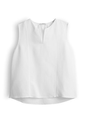 Sleeveless white blouse with a notch V-neckline, straight fit, and subtle vertical seams, displayed on a white background.