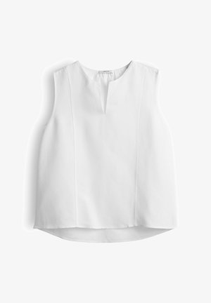 Sleeveless white blouse with a notch V-neckline, straight fit, and subtle vertical seams, displayed on a white background.
