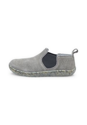 Light gray suede slip-on shoe with black elastic side panels and a speckled translucent rubber sole, viewed from the outer side.