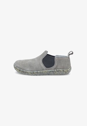 Light gray suede slip-on shoe with black elastic side panels and a speckled translucent rubber sole, viewed from the outer side.