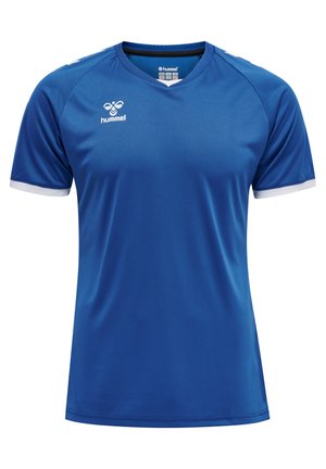 Blauwe sporttrui van gladde stof. Heeft een V-hals, korte mouwen met witte accenten en een logo op de borst.