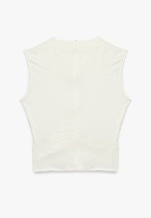 Weißes ärmelloses Oberteil mit figurbetontem Design, rundem Ausschnitt, sichtbarem Reißverschluss auf der Rückseite und weichem, strukturiertem Stoff.