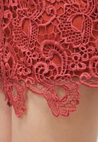 Dentelle rouge brodée avec des motifs floraux et des volutes, présentant un bord festonné complexe. Le tissu de fond semble lisse et doux.