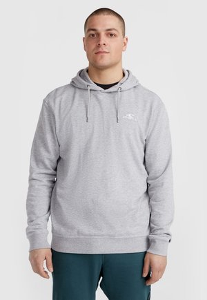 Pullover hoodie lavet af lysegrå stof, med snoretræk i huen, ribbede manchetter og et lille hvidt logo på brystet.