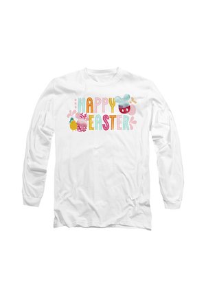 Weißes Langarmshirt mit buntem "Happy Easter" Text, verziert mit Ostereiern, einem gelben Küken und einem mausförmigen Designelement.