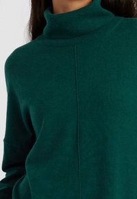 Maglione a collo alto verde scuro con scollatura a coste, texture morbida e una cucitura lungo la schiena.