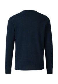 Marineblaue Langarmshirt mit strukturiertem, geripptem Stoff. Rundhalsausschnitt, Raglanärmel und eng anliegende Bündchen. Einfaches Design, keine Muster oder Akzente.