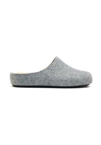 Gray felt slipper with a smooth shape, open back, and soft inner lining; features a flat rubber sole and minimalistic design.
