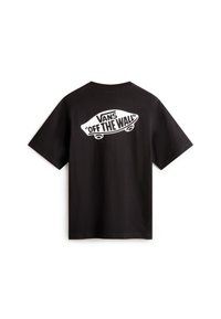 Camiseta negra de manga corta hecha de algodón, con un gráfico del logo blanco "VANS 'OFF THE WALL'" en la parte posterior, cuello redondo y ajuste estándar.
