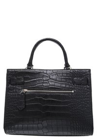 Czarna skórzana torebka o teksturowanym wzorze krokodyla, z podwójnymi uchwytami u góry i przednią kieszonką na zamek. Strukturalny design w prostokątnym kształcie.