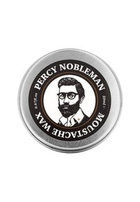 Silberne Metalldose mit einem schwarzen Etikett, das eine Illustration eines bärtigen Mannes zeigt, mit dem Text "PERCY NOBLEMAN MUSTACHE WAX," 20ml.
