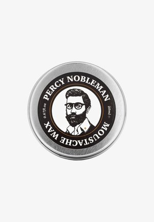 Srebrna metalowa puszka z czarną etykietą z ilustracją brodatego mężczyzny, z napisem "PERCY NOBLEMAN WOSK DO WĄSÓW", 20ml.