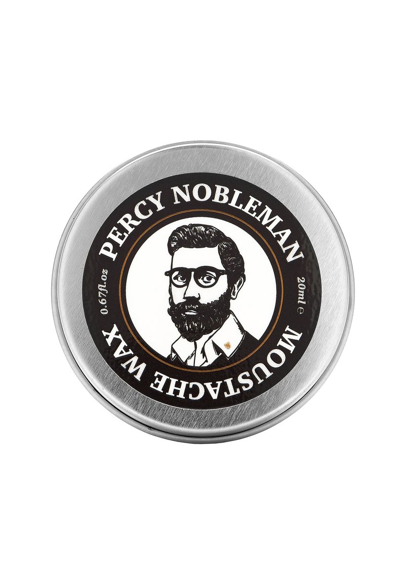 Silberne Metalldose mit einem schwarzen Etikett, das eine Illustration eines bärtigen Mannes zeigt, mit dem Text "PERCY NOBLEMAN MUSTACHE WAX," 20ml.