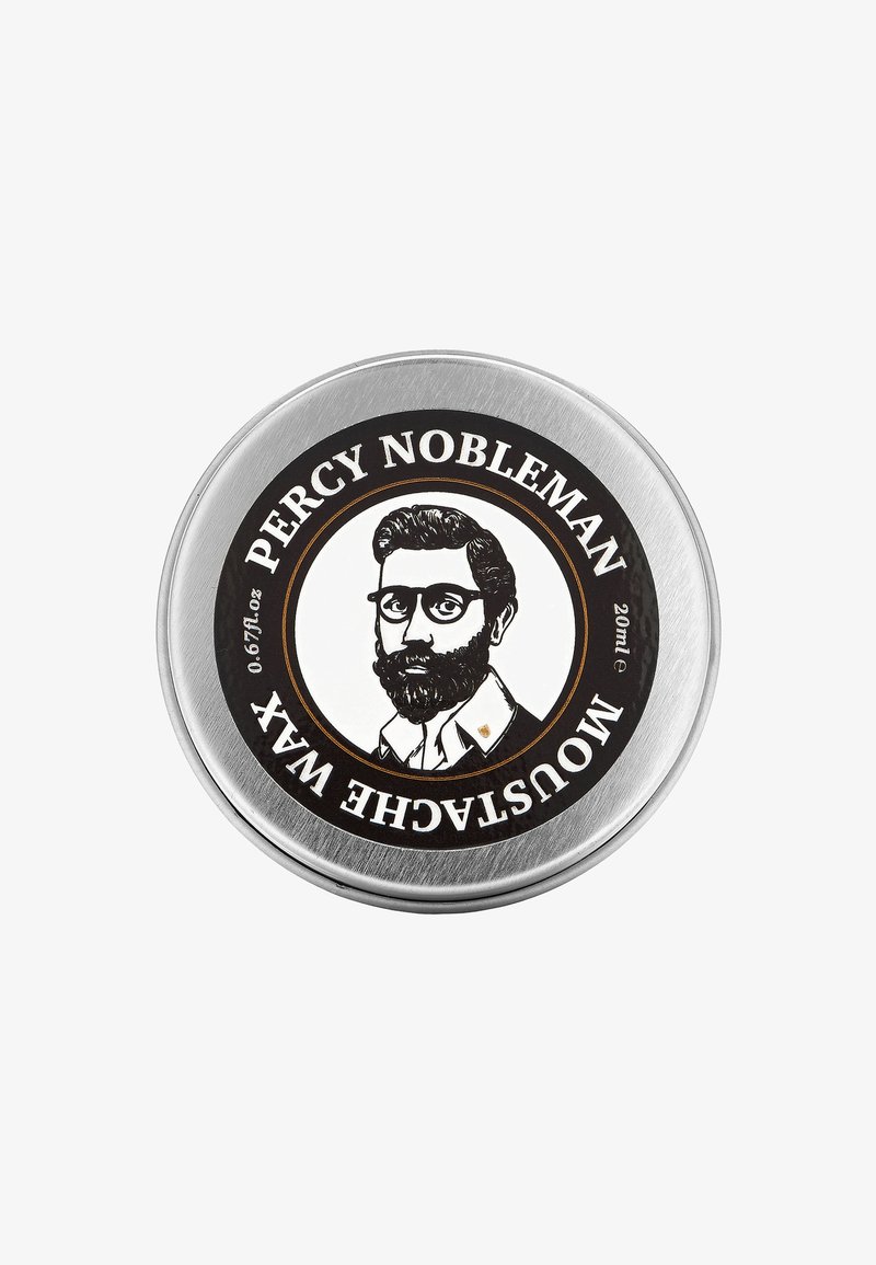 Silverfärgad metallburk med en svart etikett som har en illustration av en skäggig man, texten "PERCY NOBLEMAN MUSTACHE WAX," 20 ml.
