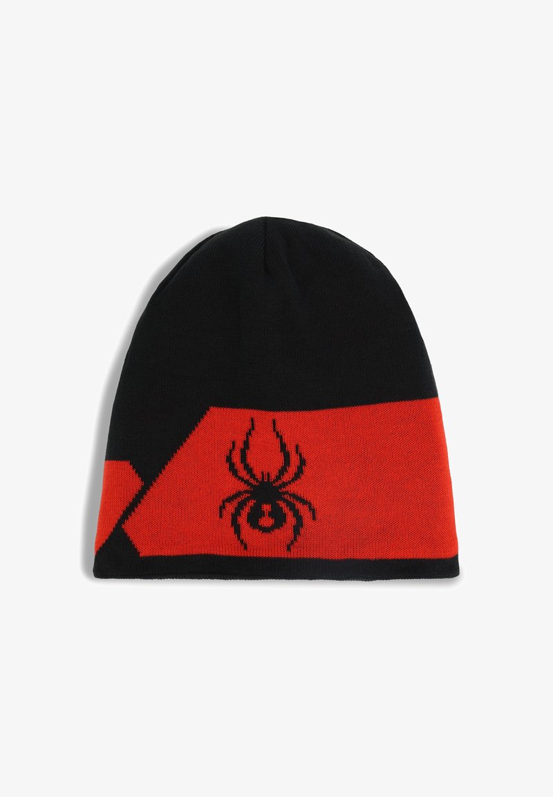 Black and red knit beanie featuring a black spider graphic centered on the red band near the bottom edge.