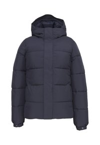 Giacca imbottita navy con cappuccio e chiusura frontale dritta. Presenta una cucitura orizzontale e polsini elasticizzati per comfort e calore.